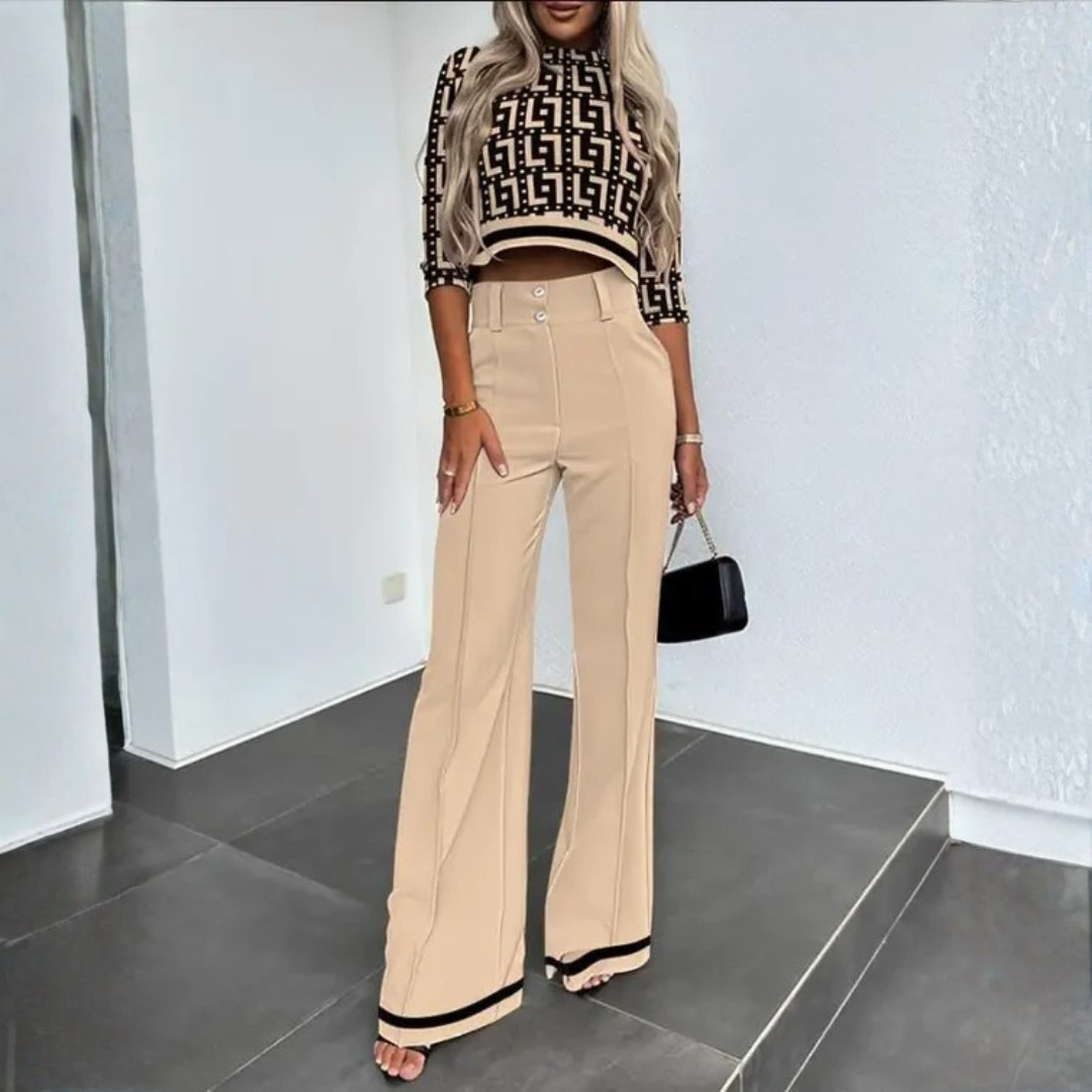 Ensemble deux pièces femme beige, haut crop manches longues et pantalon fluide taille haute