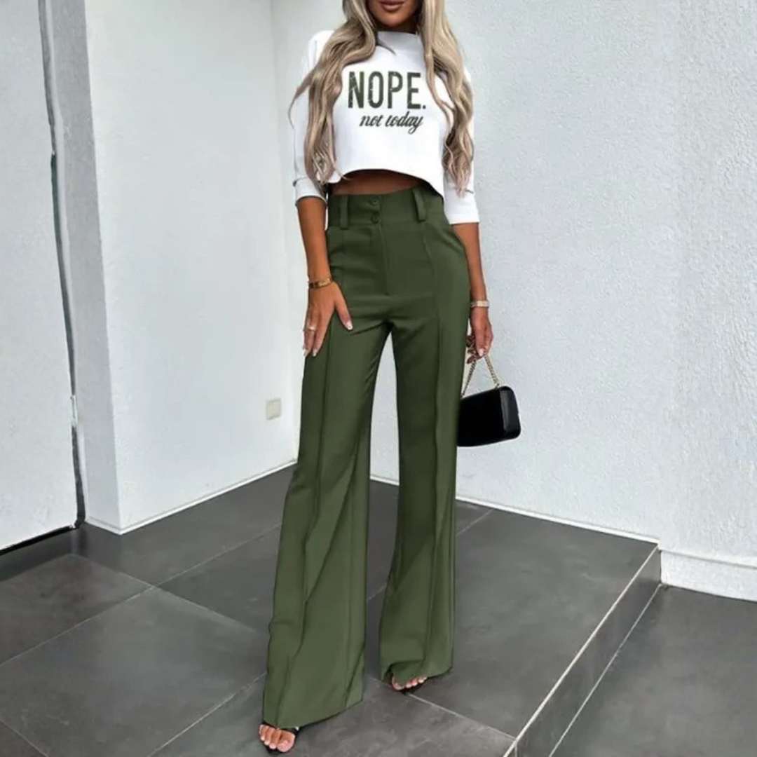 Ensemble femme vert foncé, pantalon large et haut crop coordonné