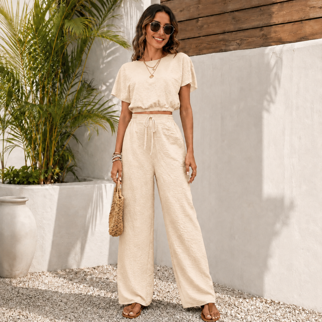 Ensemble deux pièces femme beige top court élastiqué et pantalon large