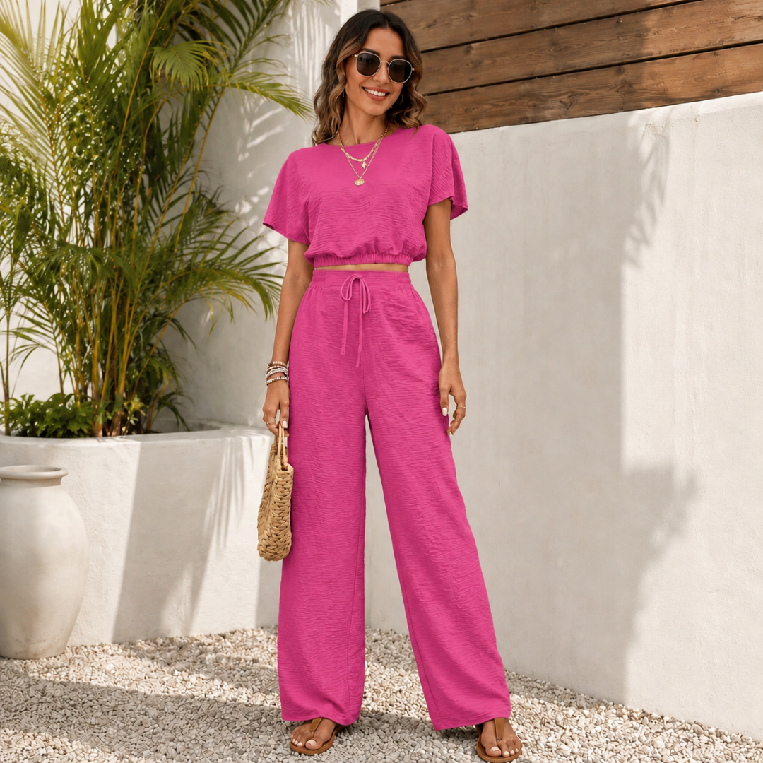 Ensemble coordonné femme rose rouge crop top manches courtes pantalon fluide