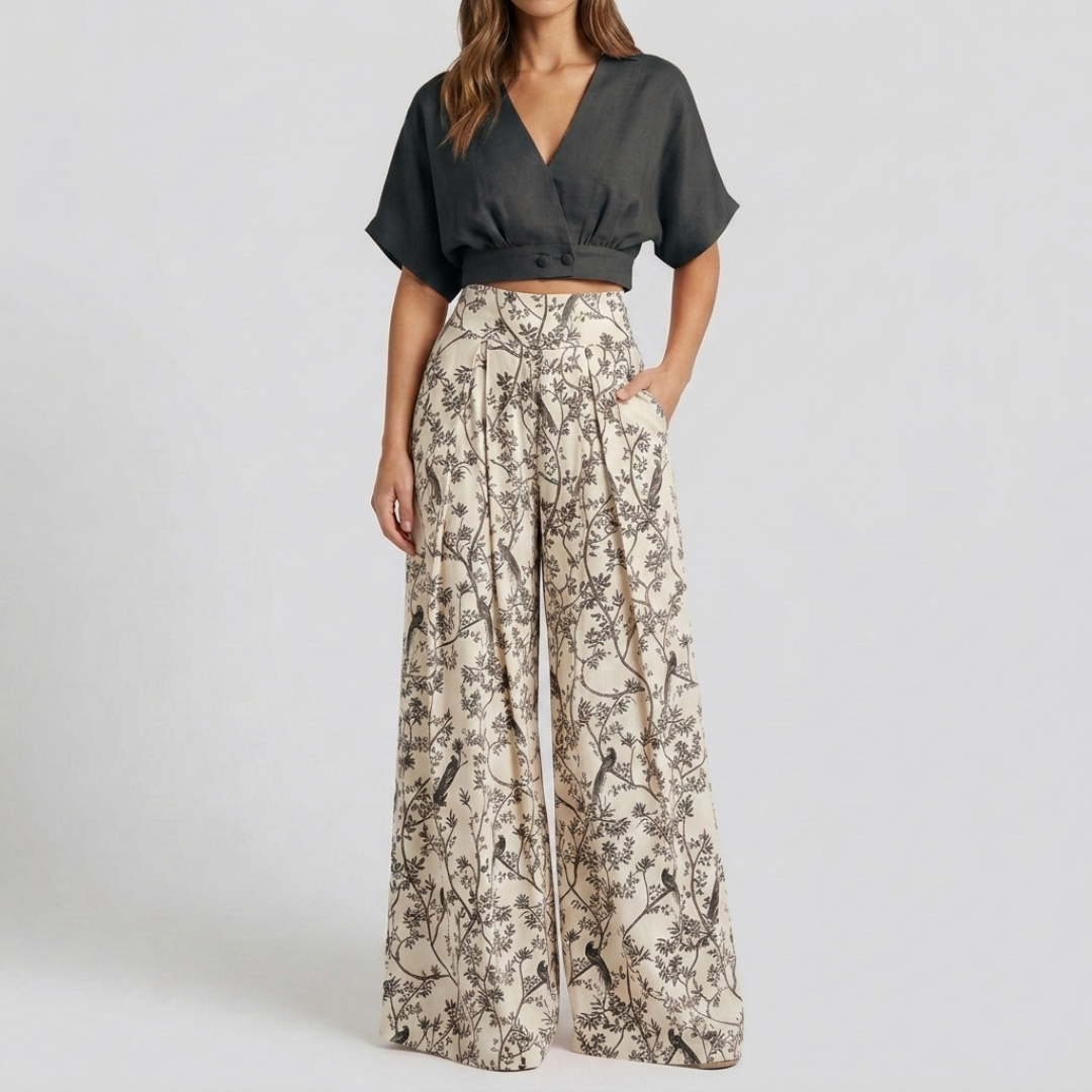 Ensemble deux pièces femme top noir col V et pantalon floral, vue de face