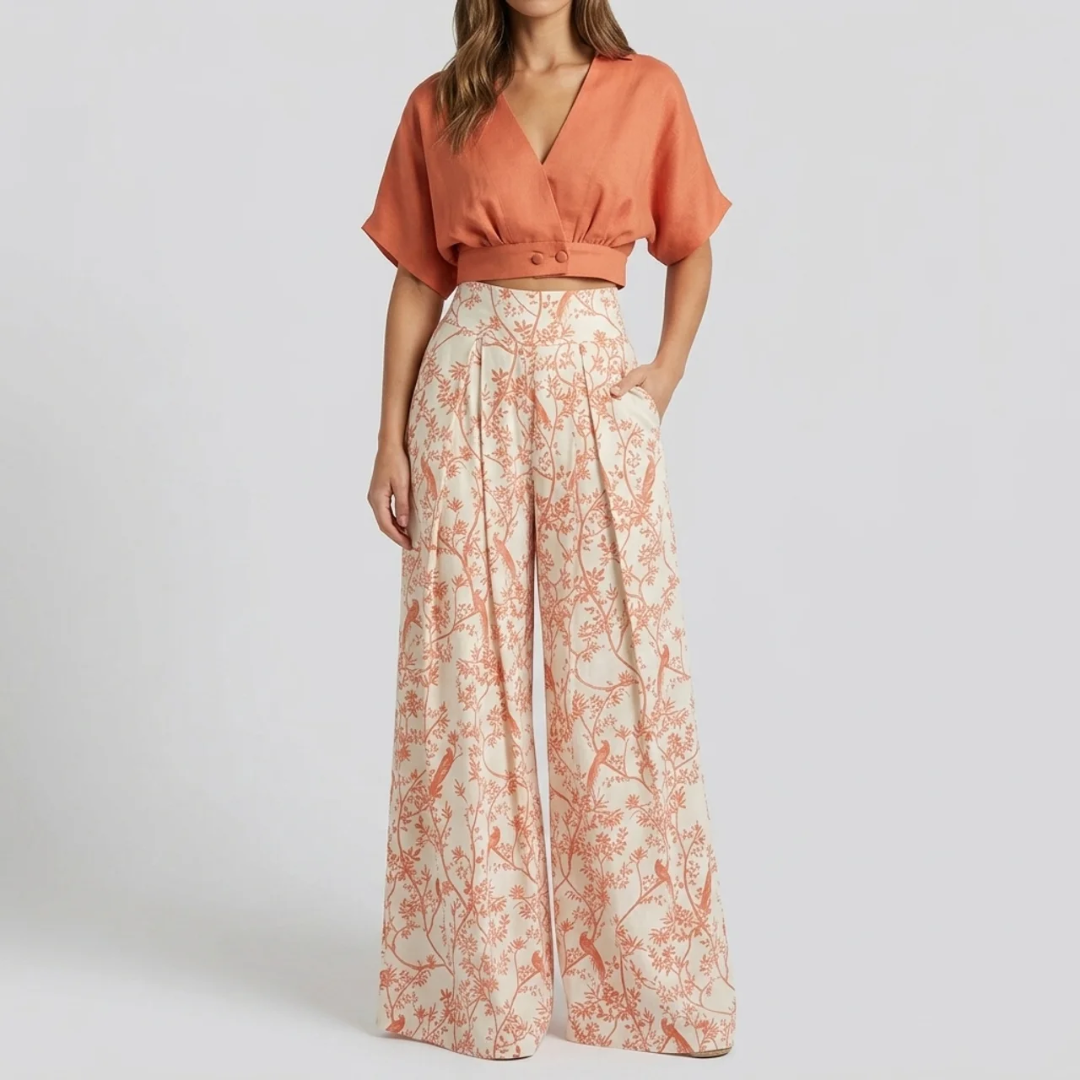 Ensemble deux pièces femme top orange col V et pantalon large floral, vue de face