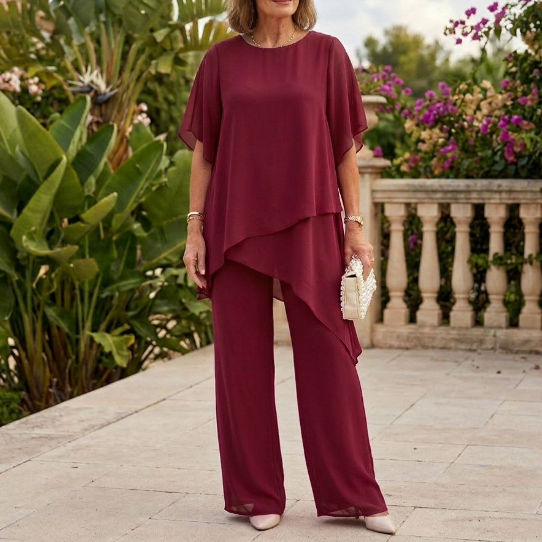 Ensemble deux pièces femme bordeaux top asymétrique fluide et pantalon large