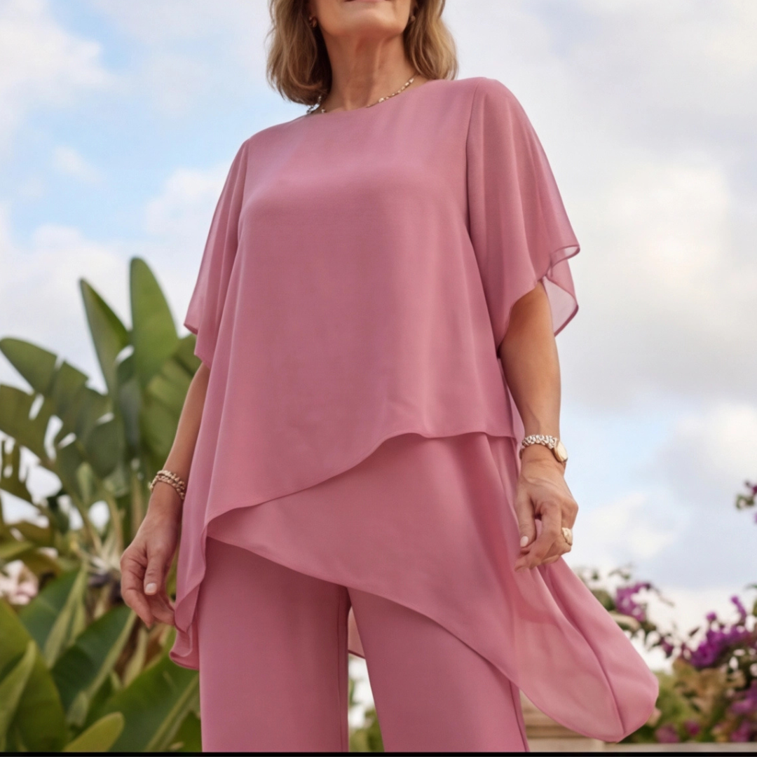 Ensemble rose femme top superposé à ourlet asymétrique et pantalon droit élégant