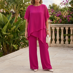 Ensemble deux pièces femme rouge rose top asymétrique et pantalon fluide habillé
