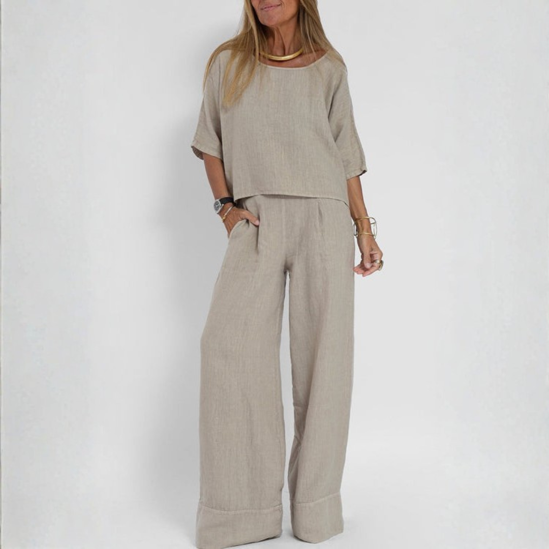Ensemble deux pièces femme lin coloris naturel, vue complète de face
