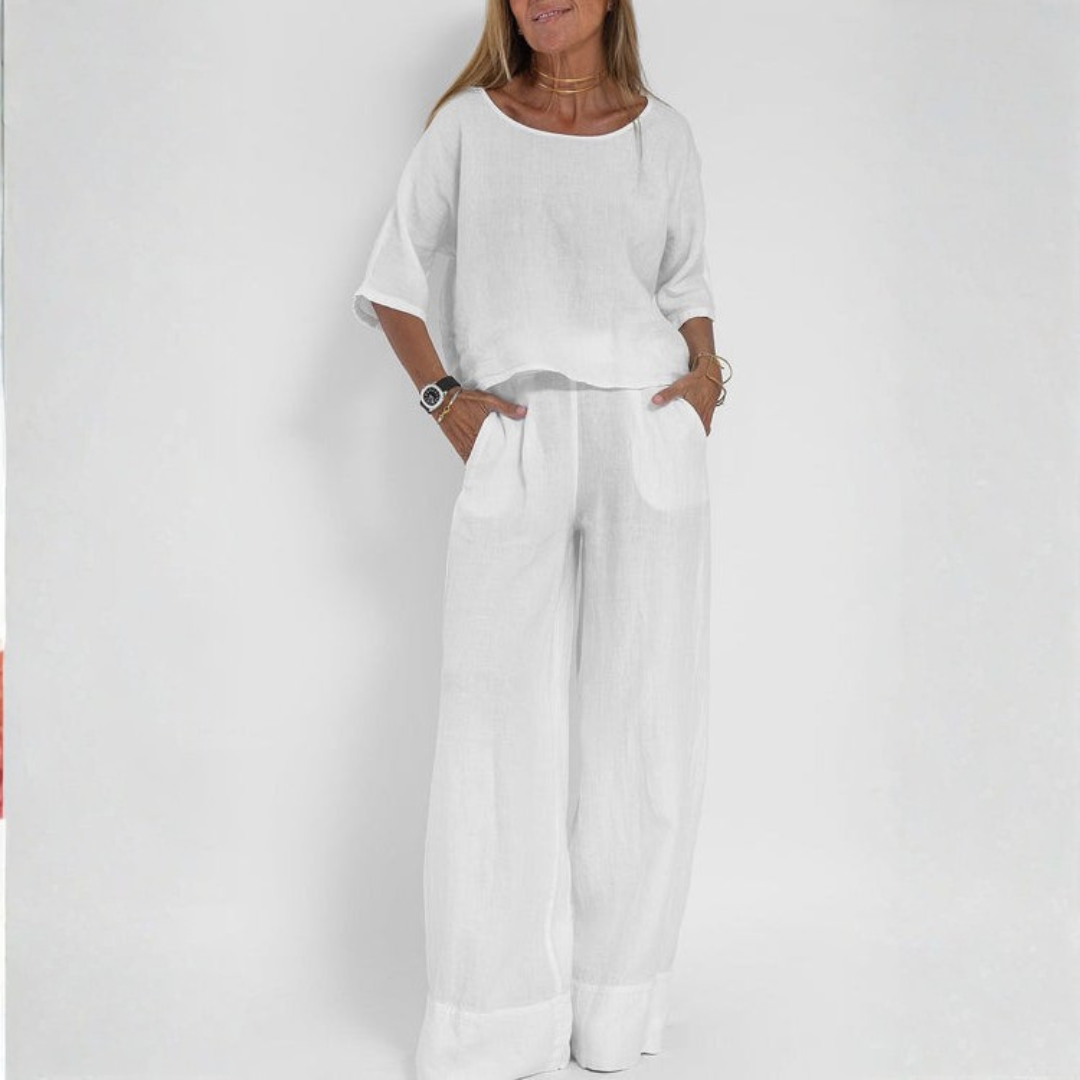 Ensemble deux pièces femme lin blanc, silhouette fluide de face