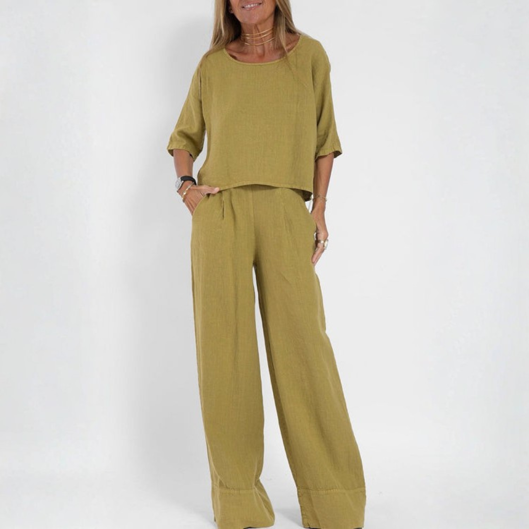 Ensemble deux pièces femme lin coloris kaki, vue de face