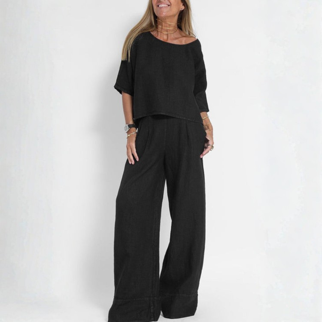 Ensemble deux pièces femme lin noir, silhouette complète de face