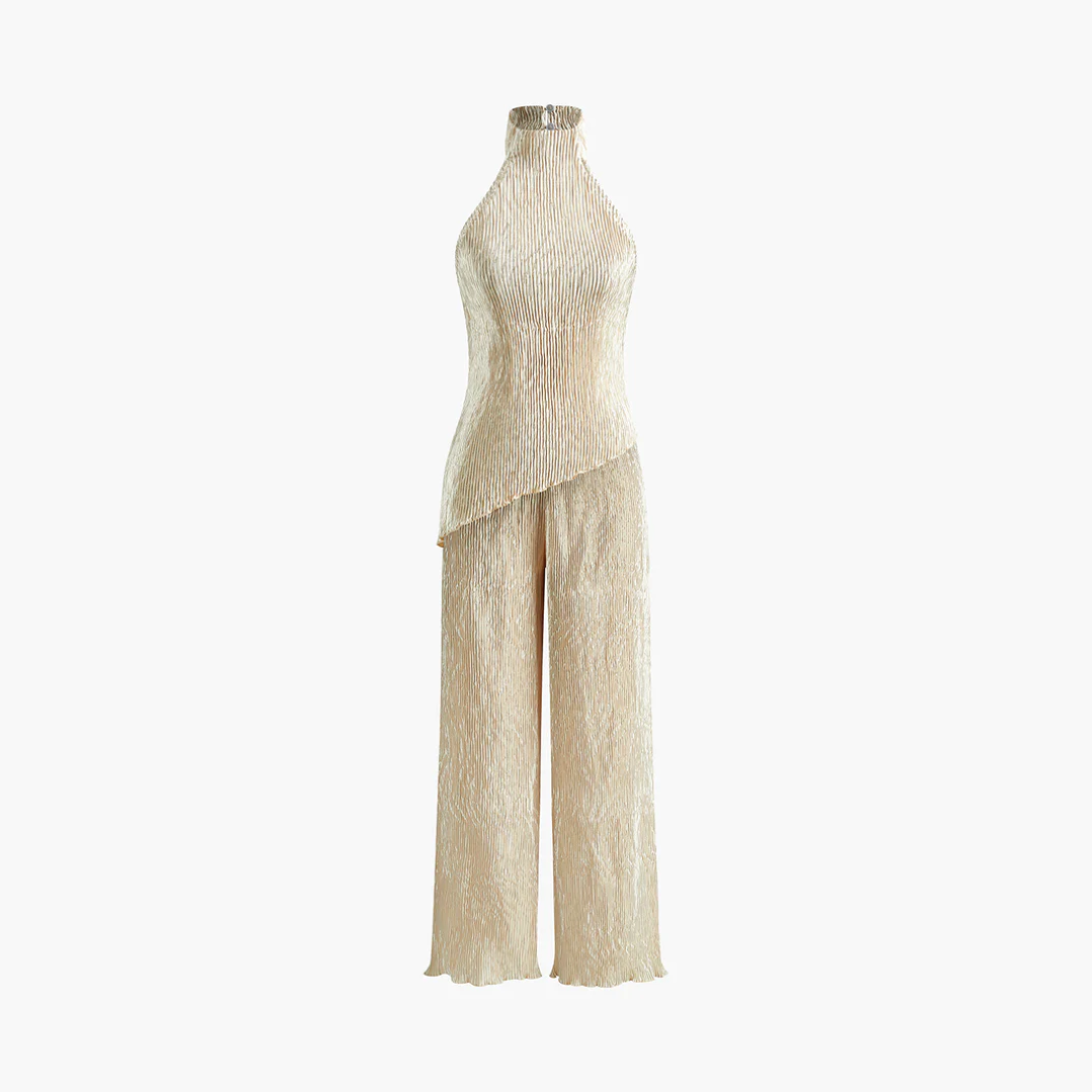 Ensemble deux pièces champagne plissé à plat, top et pantalon vue de face