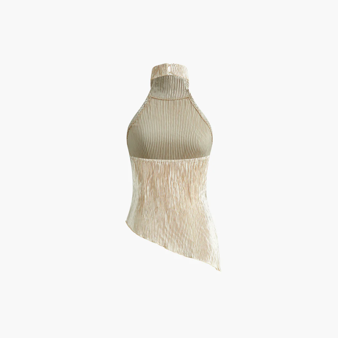 Top halter champagne plissé, vue de dos sur fond neutre