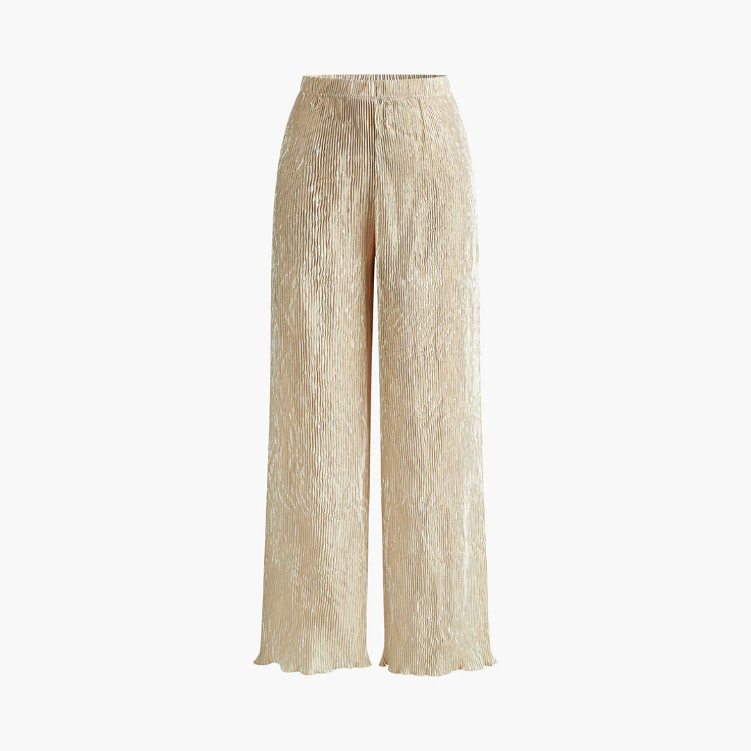 Pantalon large champagne plissé, vue de face sur fond neutre
