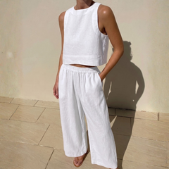 Ensemble deux pièces blanc femme, top crop et pantalon large estival