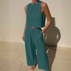 Ensemble deux pièces bleu canard femme, top crop et pantalon large