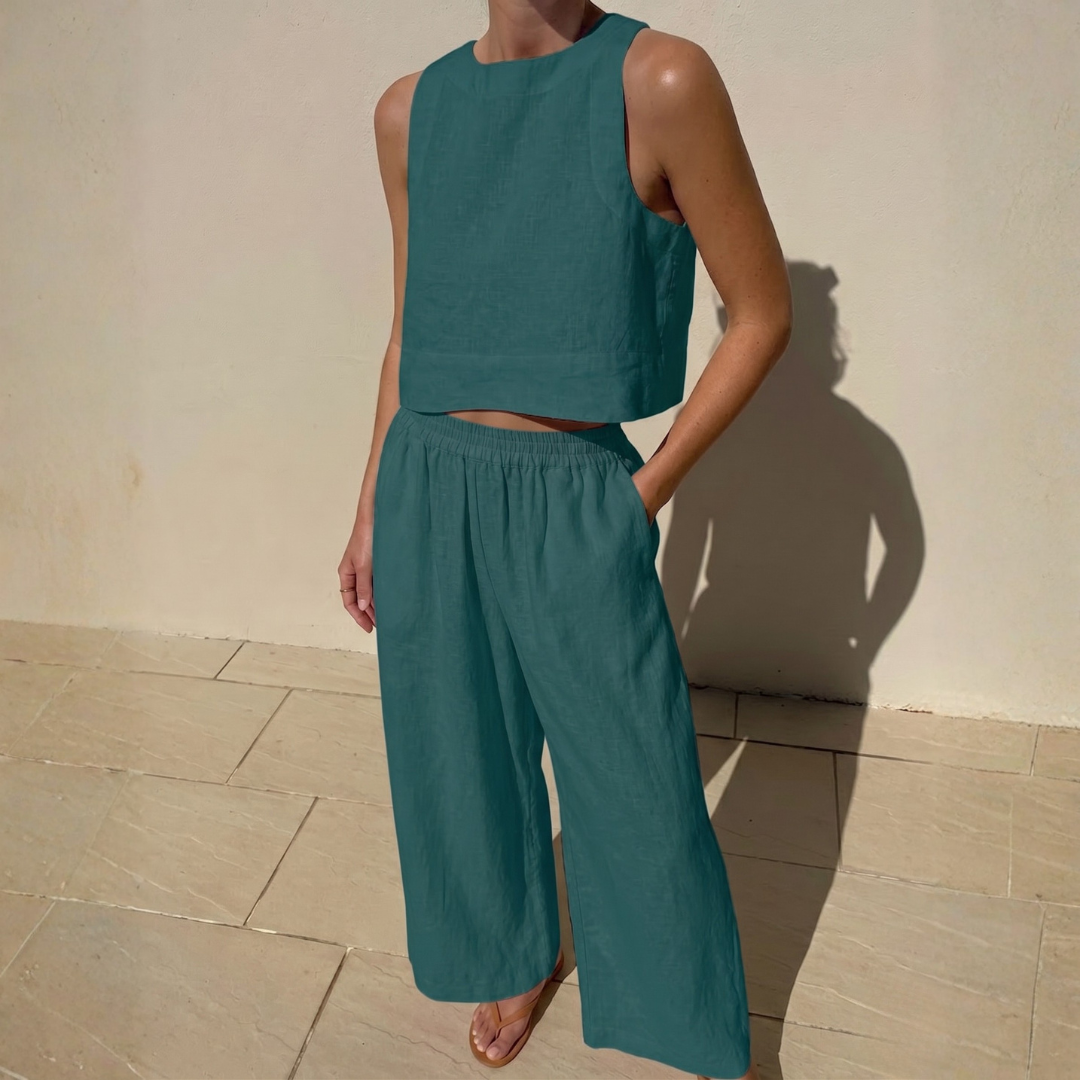 Ensemble deux pièces bleu canard femme, top crop et pantalon large