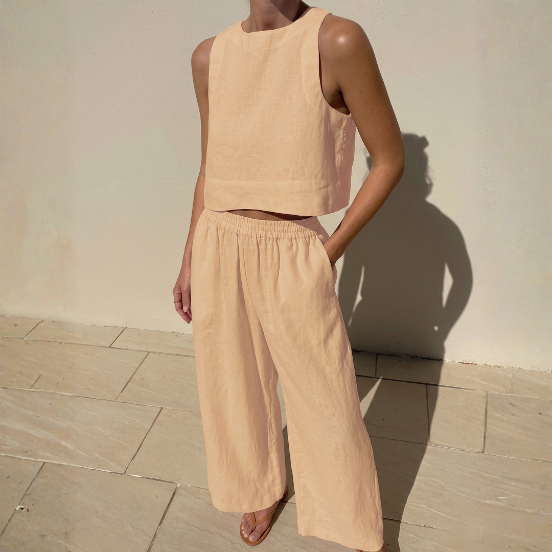 Ensemble deux pièces femme kaki, top crop et pantalon large, vue de face