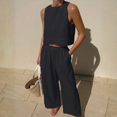 Ensemble deux pièces noir femme, top sans manches et pantalon wide-leg