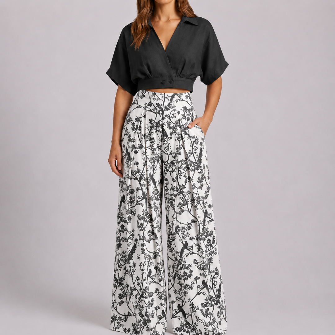 Ensemble deux pièces noir, top court et pantalon large fleuri noir et blanc