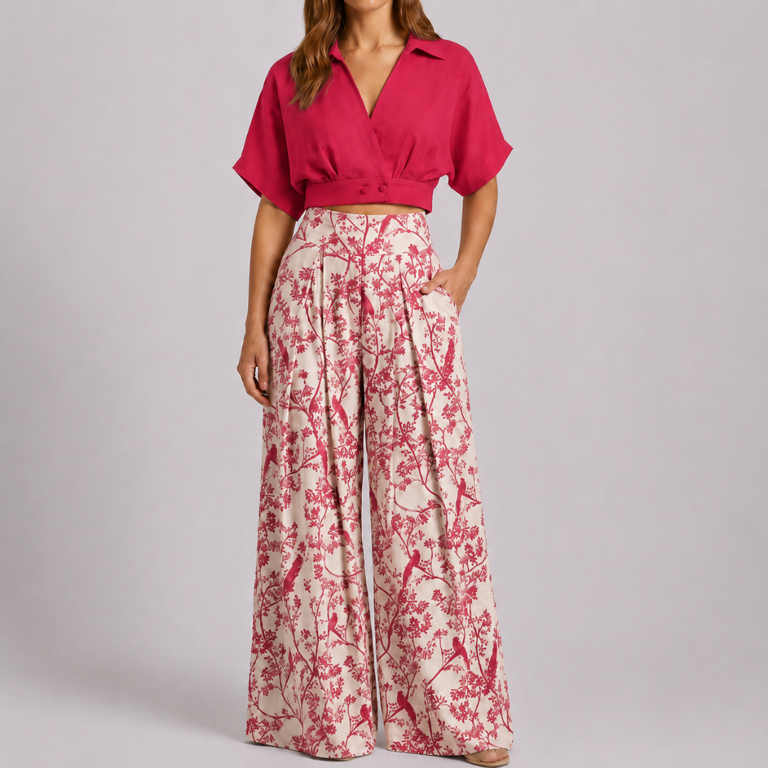 Ensemble deux pièces rouge, top court et pantalon large à motif floral