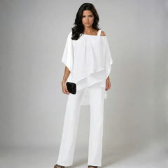 Ensemble deux pièces femme blanc, top voilé élégant et pantalon large