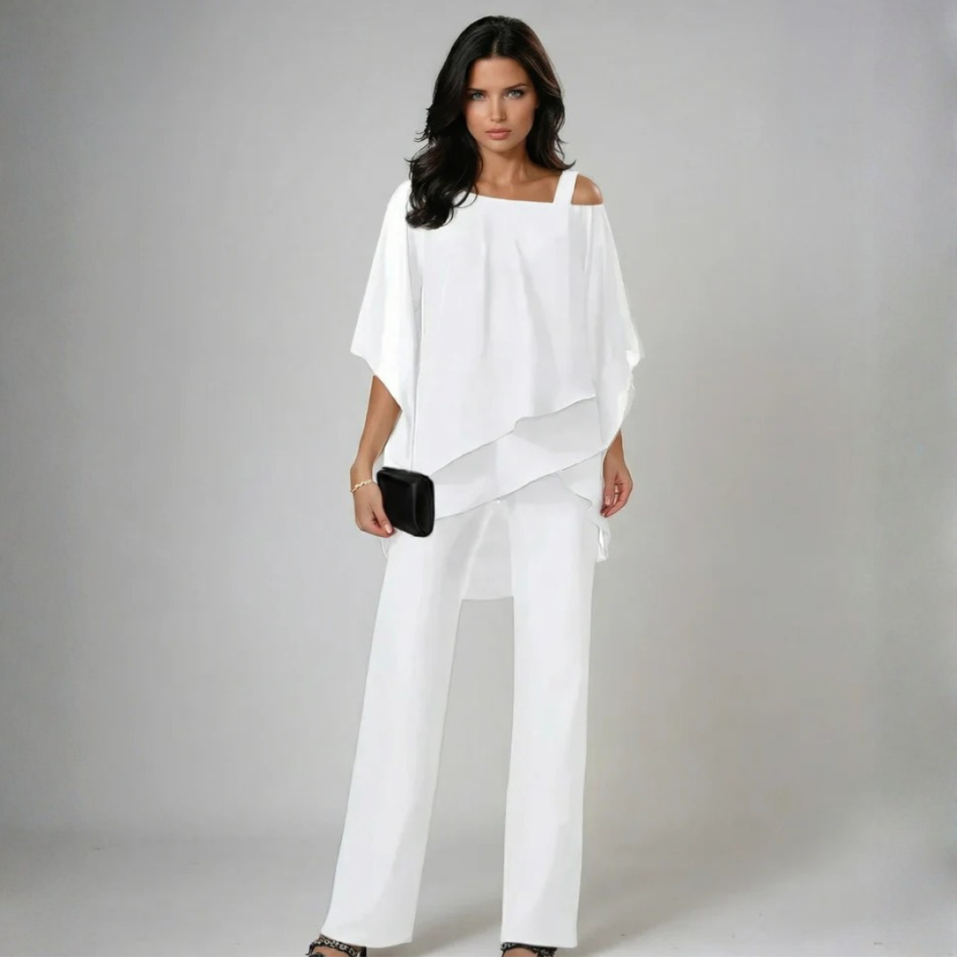 Ensemble deux pièces femme blanc, top voilé élégant et pantalon large