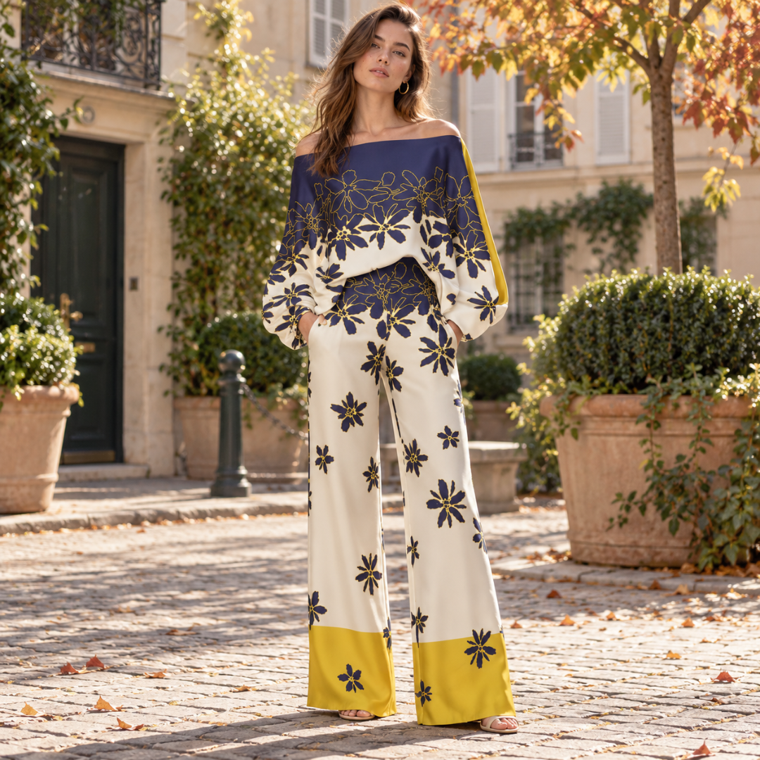 Ensemble femme blanc multicolore à fleurs bleues et bas de jambe jaune