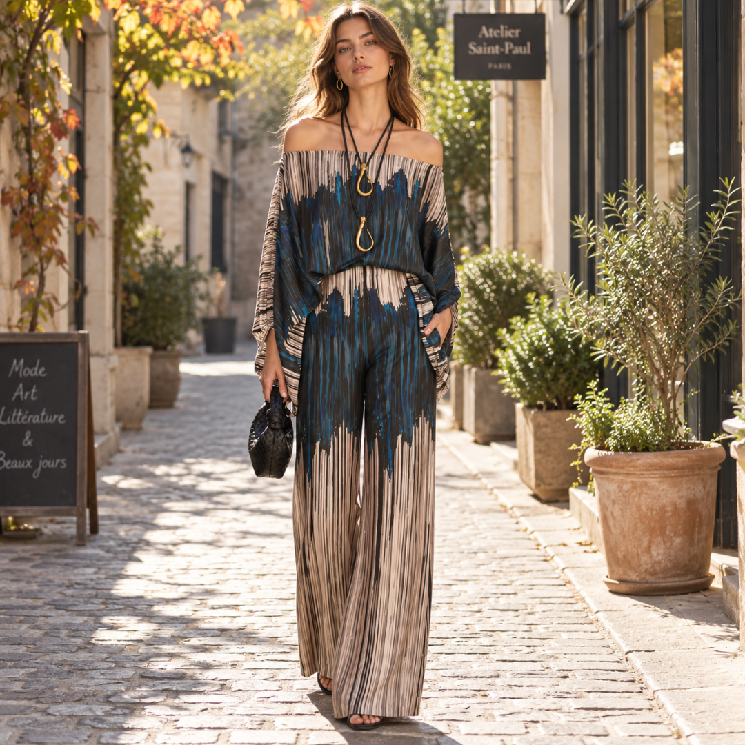 Ensemble femme bleu et champagne à imprimé vertical, pantalon large fluide