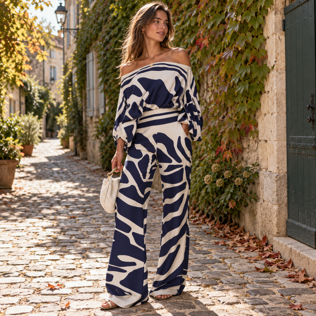 Ensemble femme bleu marine et crème à motif abstrait, pantalon large