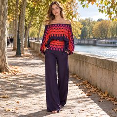 Ensemble femme violet à motif ondulé orange et rose, pantalon large