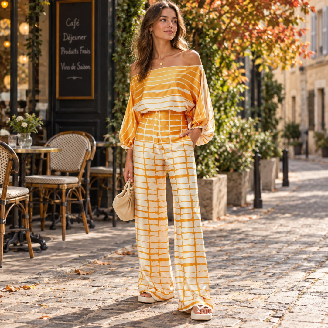 Ensemble femme orange à rayures et carreaux avec pantalon large fluide