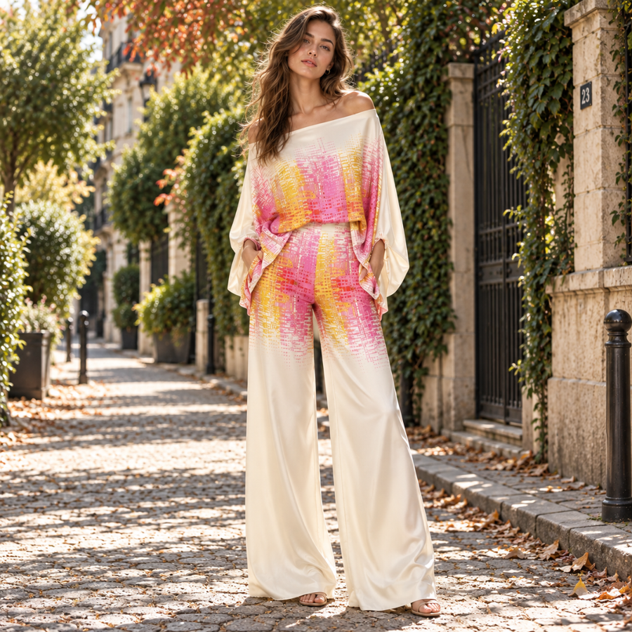 Ensemble femme épaules dénudées, imprimé rose et jaune, pantalon large crème