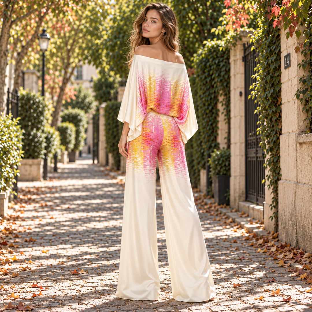 Dos de l'ensemble femme rose, haut épaules dénudées et pantalon large
