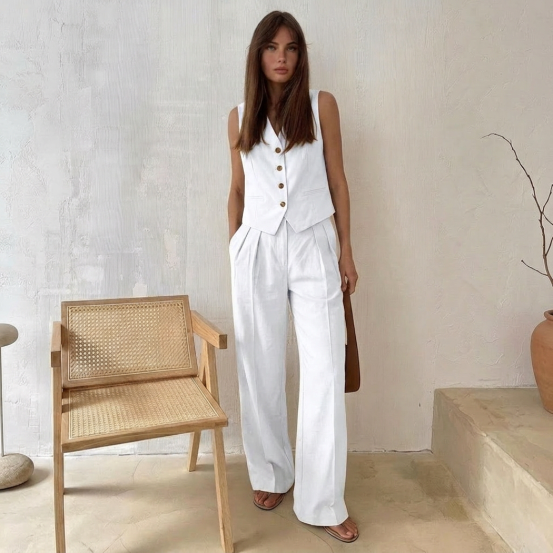 Ensemble deux pièces femme blanc gilet boutonné et pantalon ample