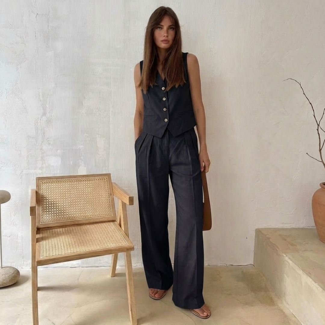 Ensemble deux pièces femme noir gilet court et pantalon large
