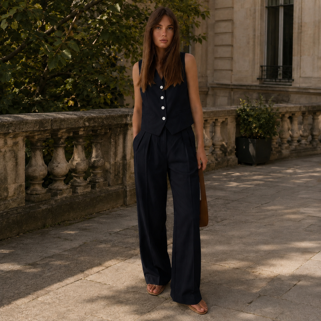 Ensemble deux pièces femme noir gilet court et pantalon large