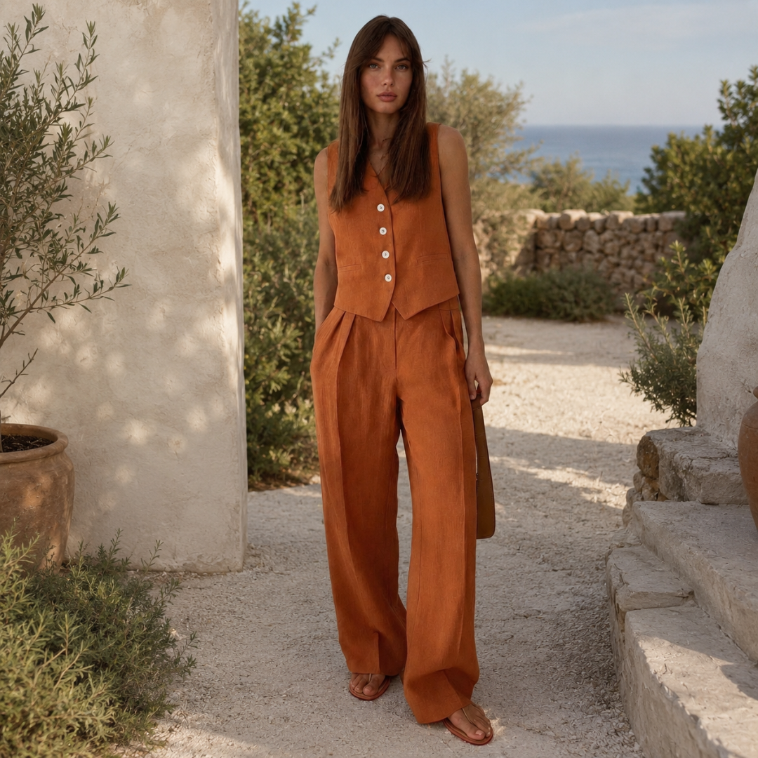 Ensemble deux pièces femme orange gilet boutonné et pantalon large vue de face