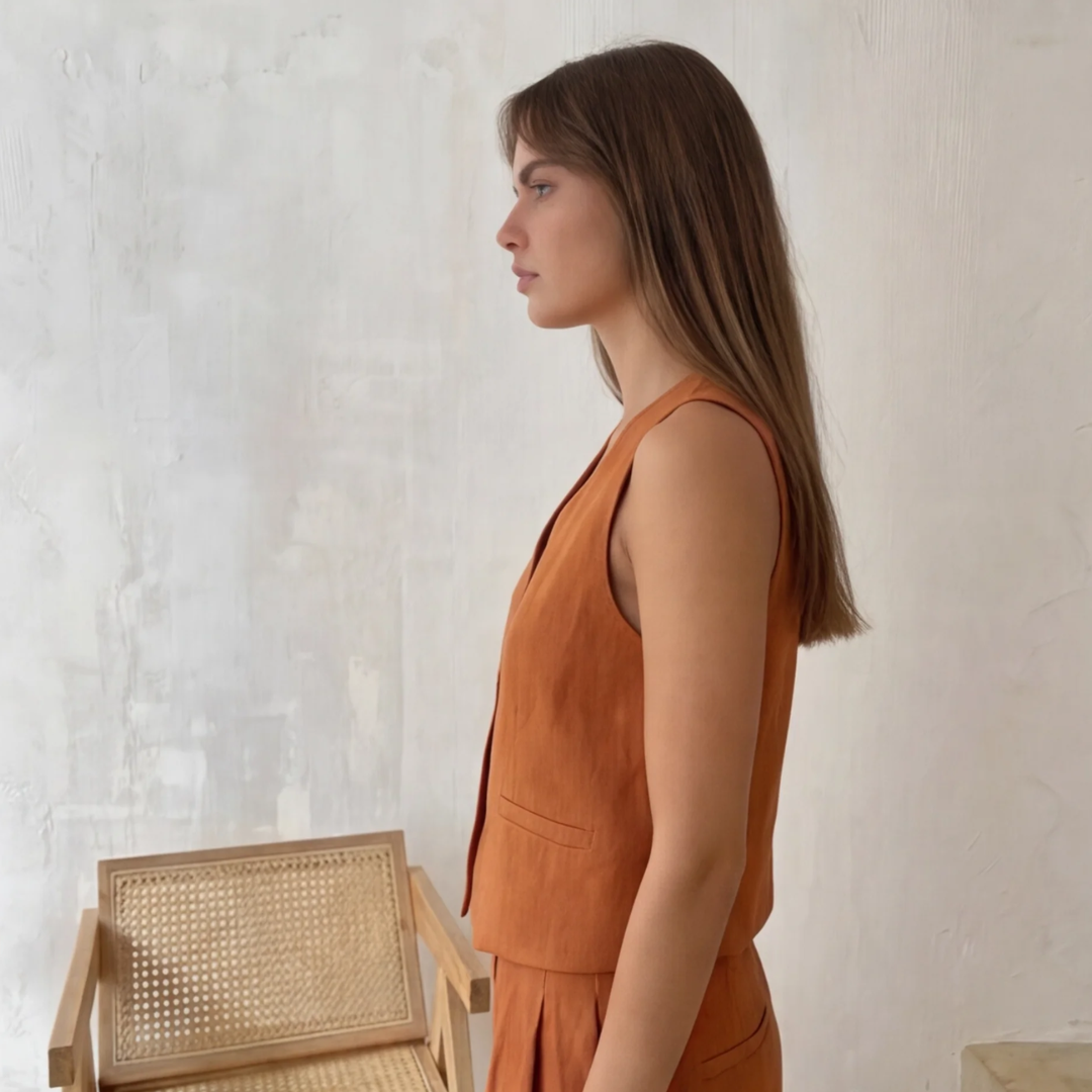 Ensemble orange femme vue de dos gilet court et pantalon fluide