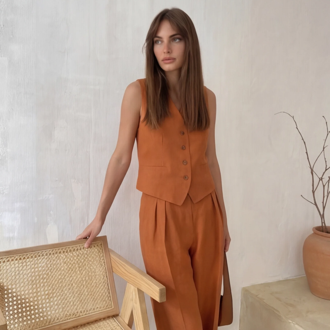 Détail gilet boutonné orange femme coupe courte et structurée