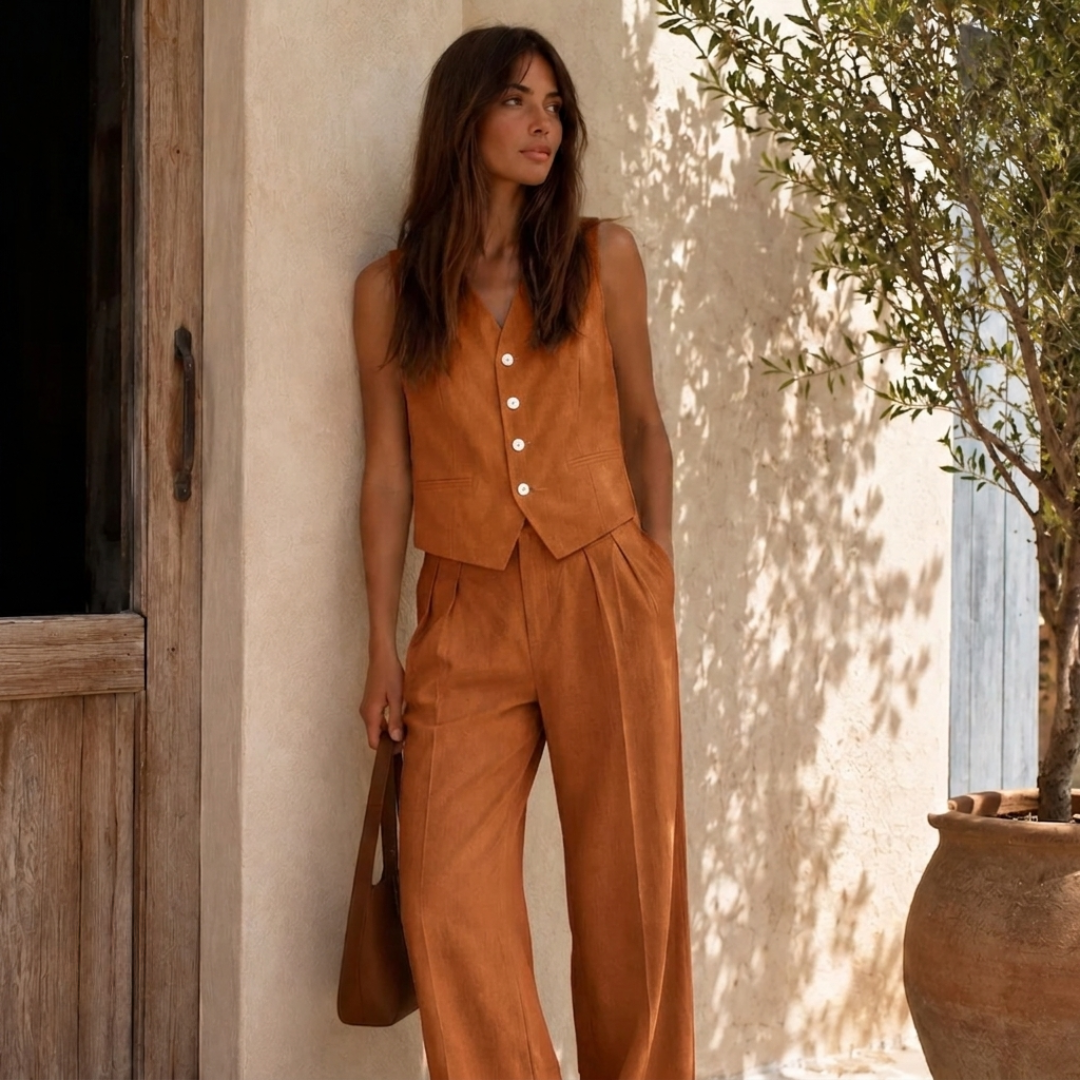 Détail gilet boutonné orange femme coupe courte et structurée