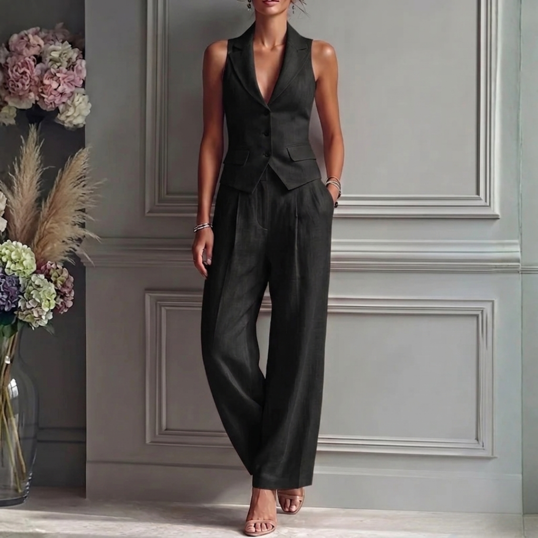 Ensemble deux pièces femme noir gilet ajusté et pantalon large, vue de face