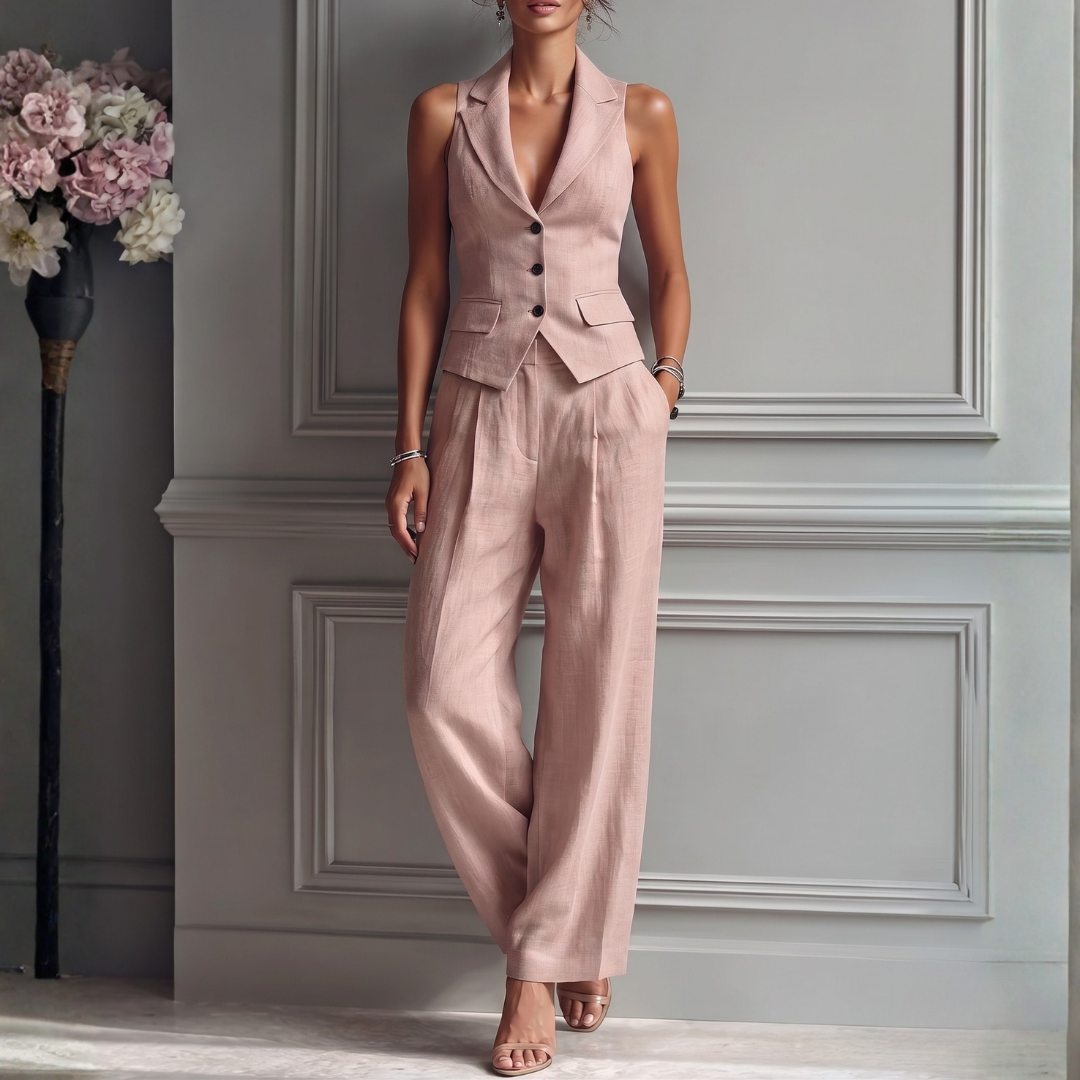 Ensemble deux pièces femme rose gilet col V et pantalon large, vue de face