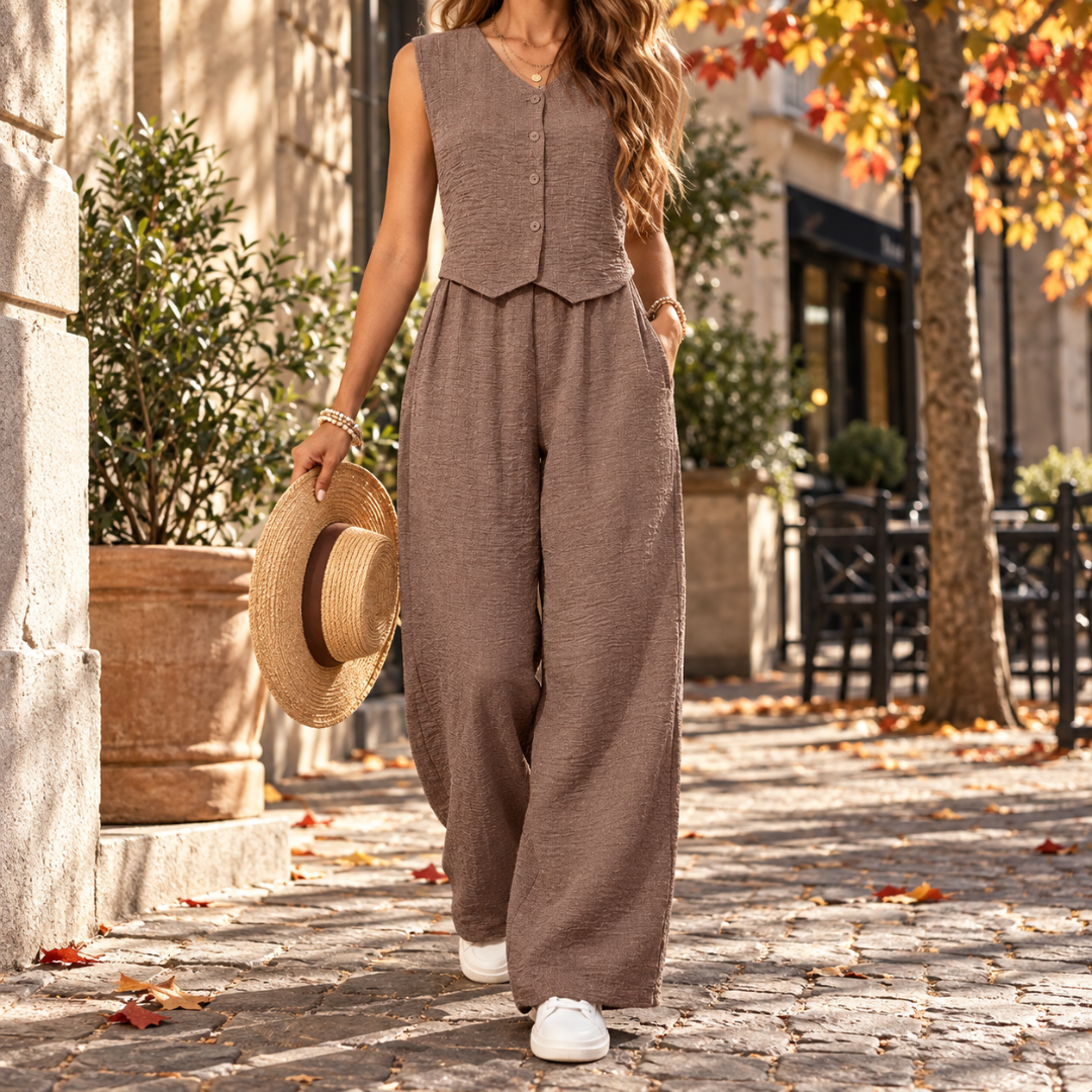 Ensemble brun clair, gilet sans manches et pantalon large, chapeau de paille