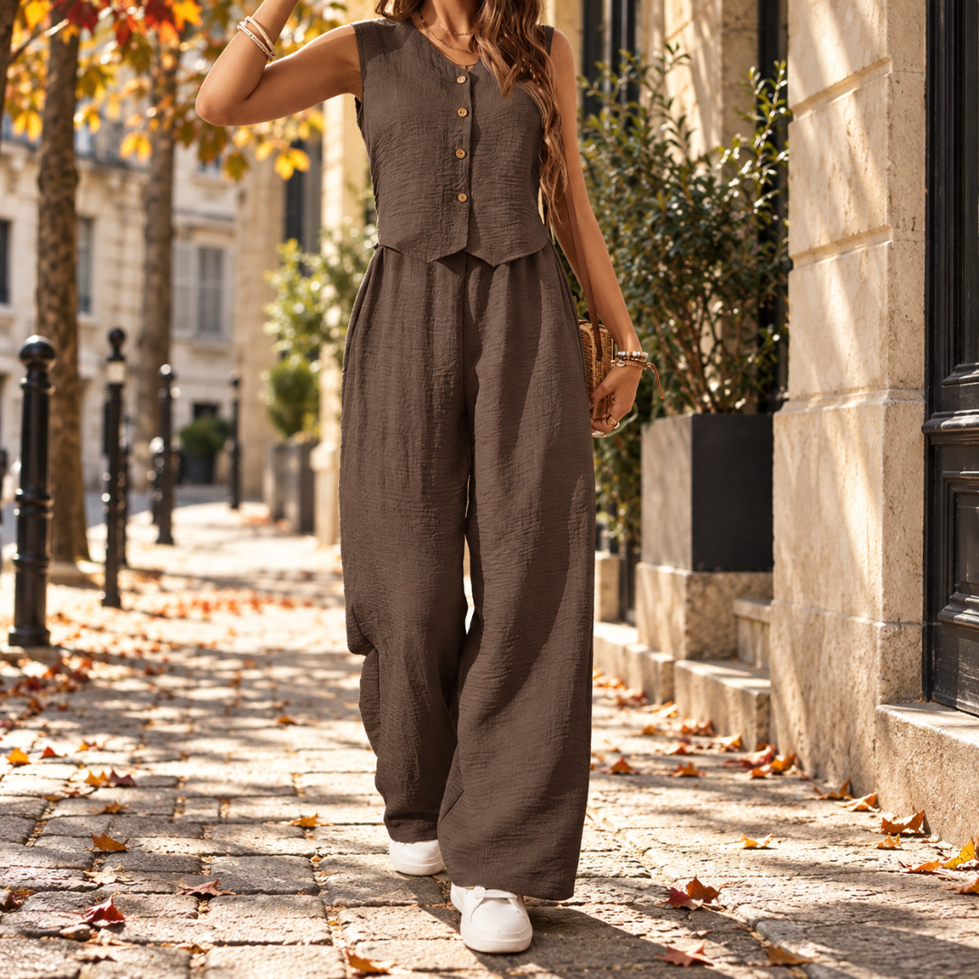 Ensemble moka foncé, gilet boutonné et pantalon large, pochette tressée