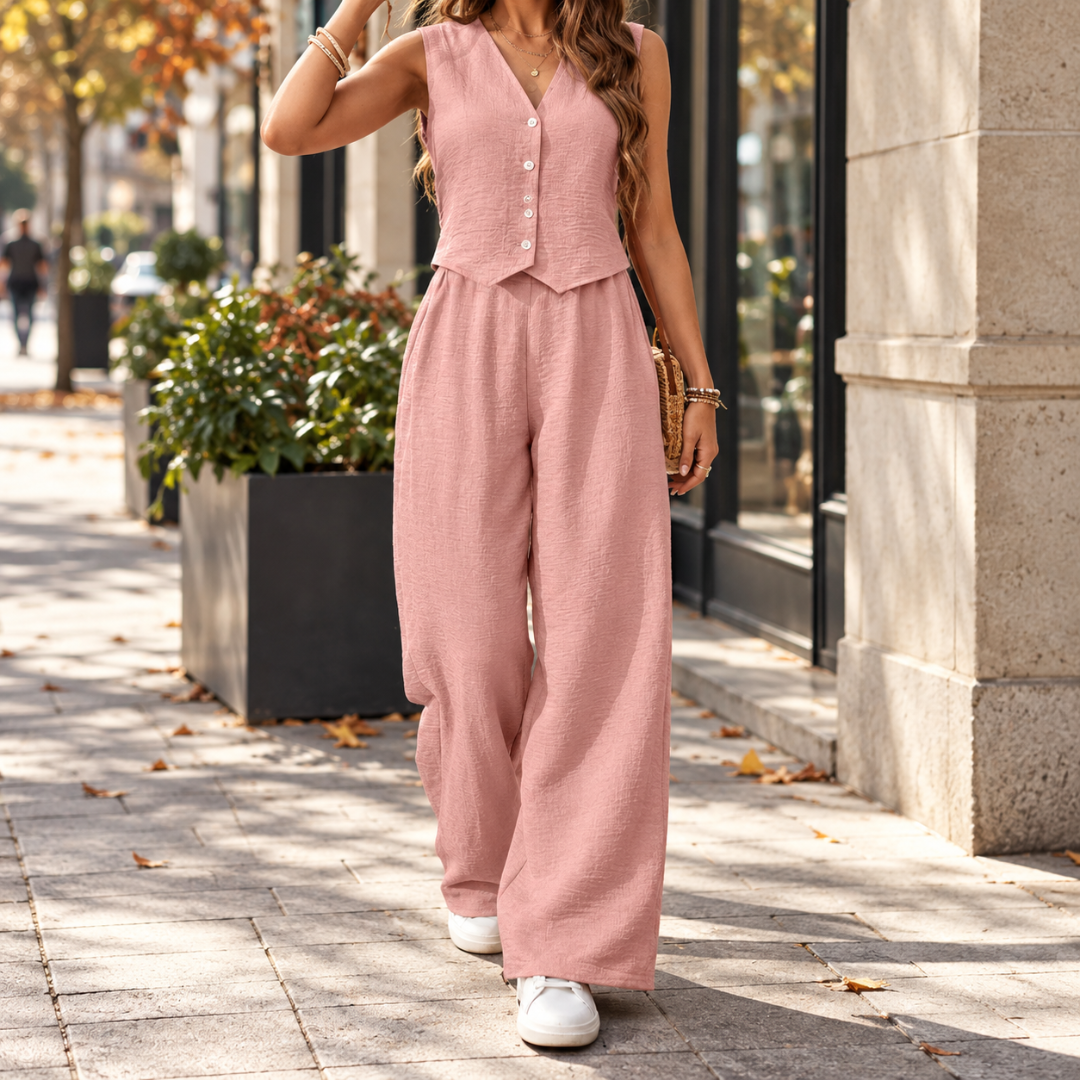 Ensemble rose poudré, gilet col V boutonné et pantalon large en ville