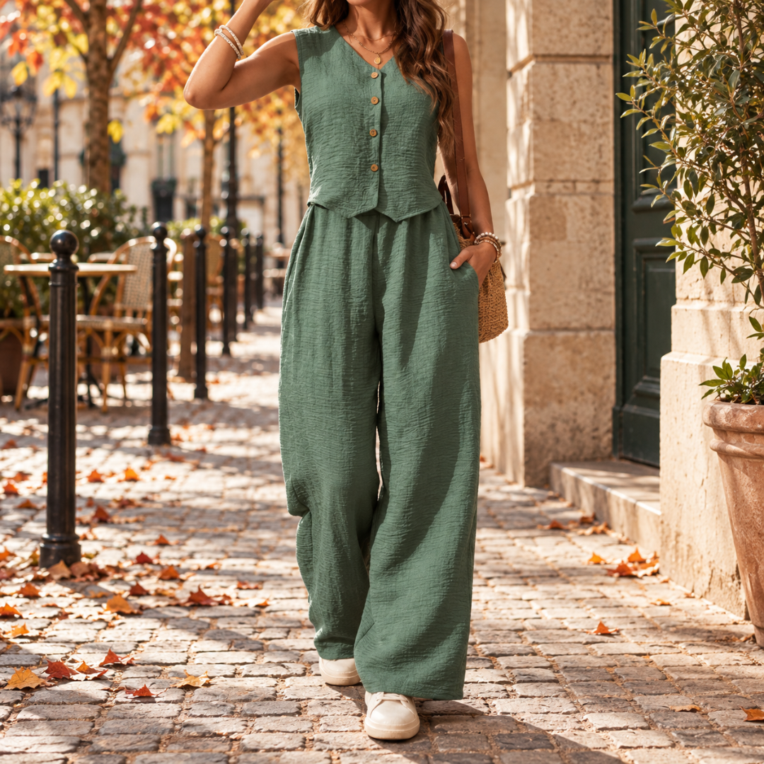 Ensemble vert sauge, gilet sans manches et pantalon large, terrasse parisienne