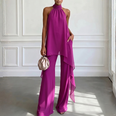 Ensemble deux pièces violet top halter fluide et pantalon large vue de face