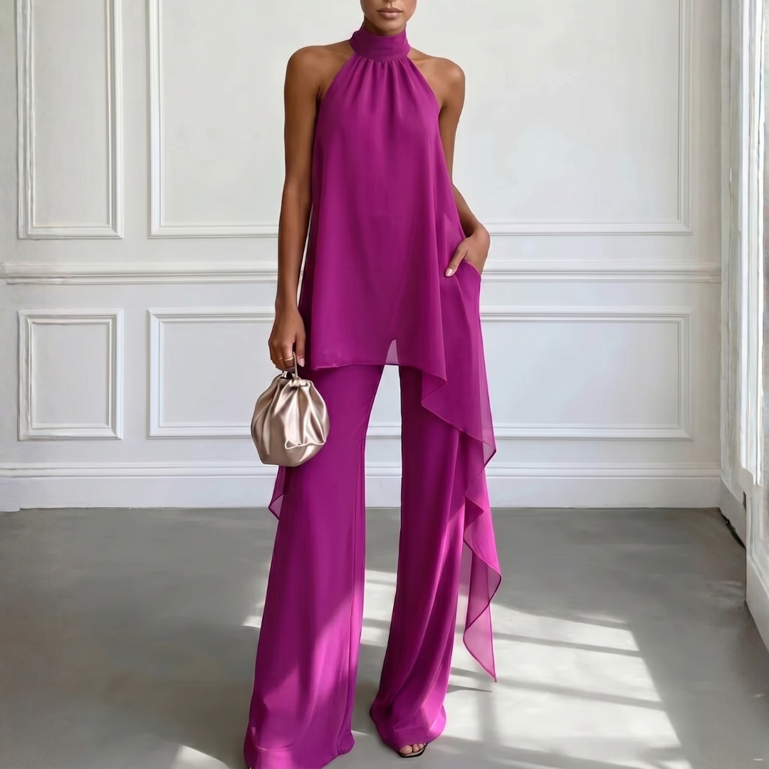 Ensemble deux pièces violet top halter fluide et pantalon large vue de face
