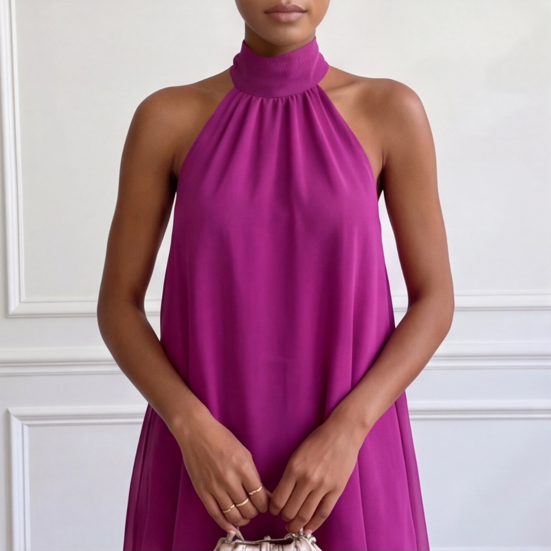 Vue de profil ensemble violet top ample aux bordures voilées et pantalon fluide