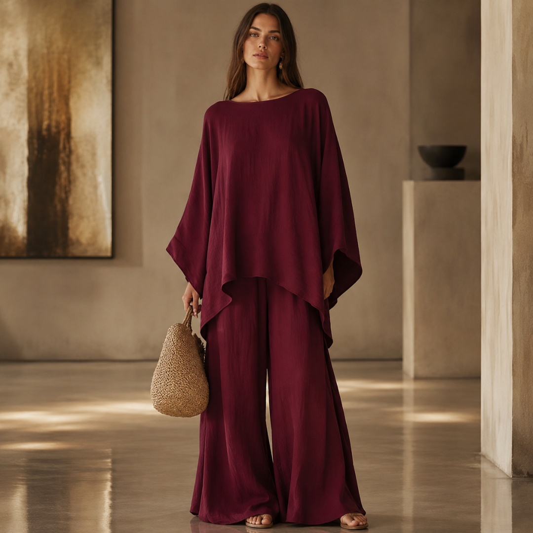 Ensemble rouge femme cape drapée asymétrique tenue élégante intérieur lumineux