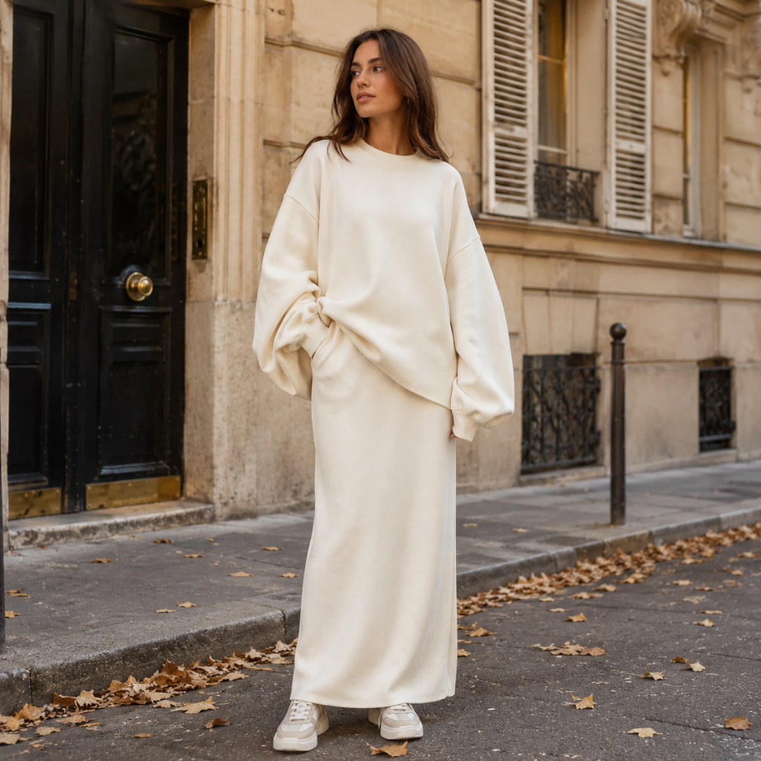 Ensemble femme blanc, sweat ample à col rond et jupe longue avec baskets claires